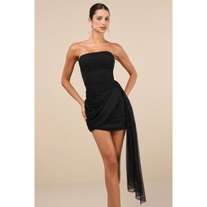 Lulus Exceptional Beauty Black Ruched Strapless Bodycon Mini Dress - Size L